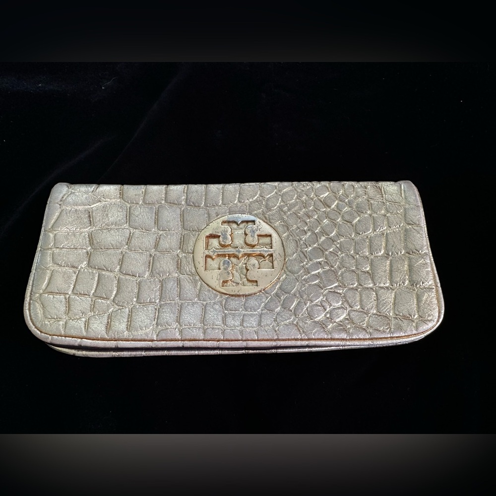 Tory Burch Metallic Gold Croc-Embossed Leather Quilted Clutch